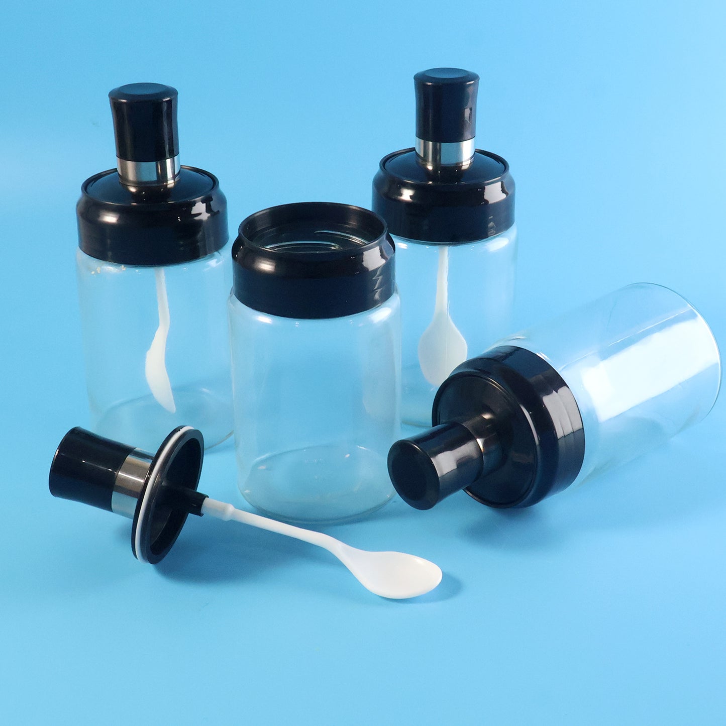 Transparent Spice Jar Set With Spoon  Airtight Lid (4 Pc)