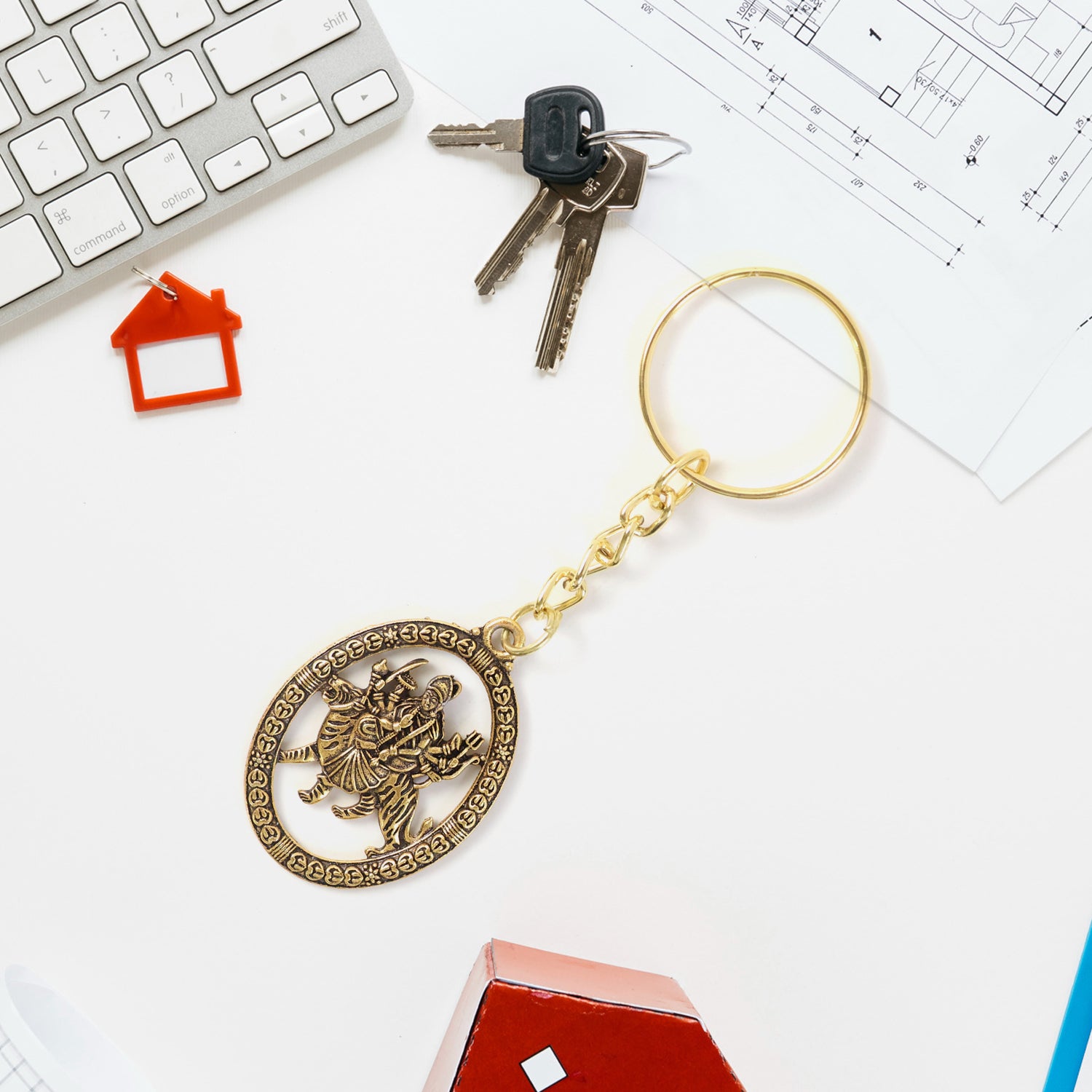 Premium Golden Metal Durga Maa Keychain (1 Pc)